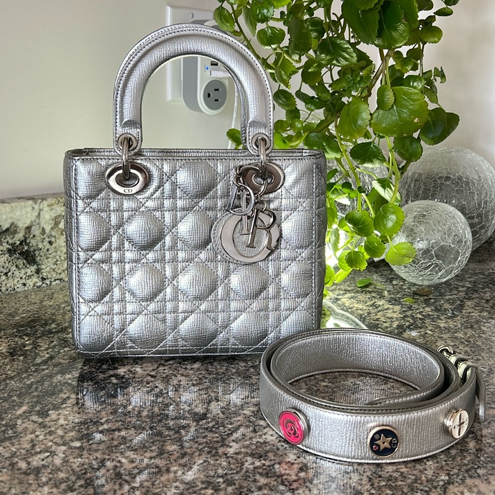Lady Dior Silver Grained Calfskin Cannage Small Lucky Badges